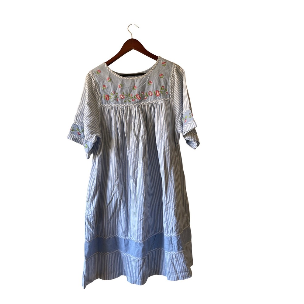 Vintage Blue White Striped Embroidered Floral Cotton Babydoll Dress Medium